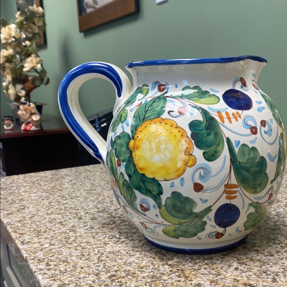 Hand-Painted Ceramic Pitcher with Blue and Yellow Floral Design